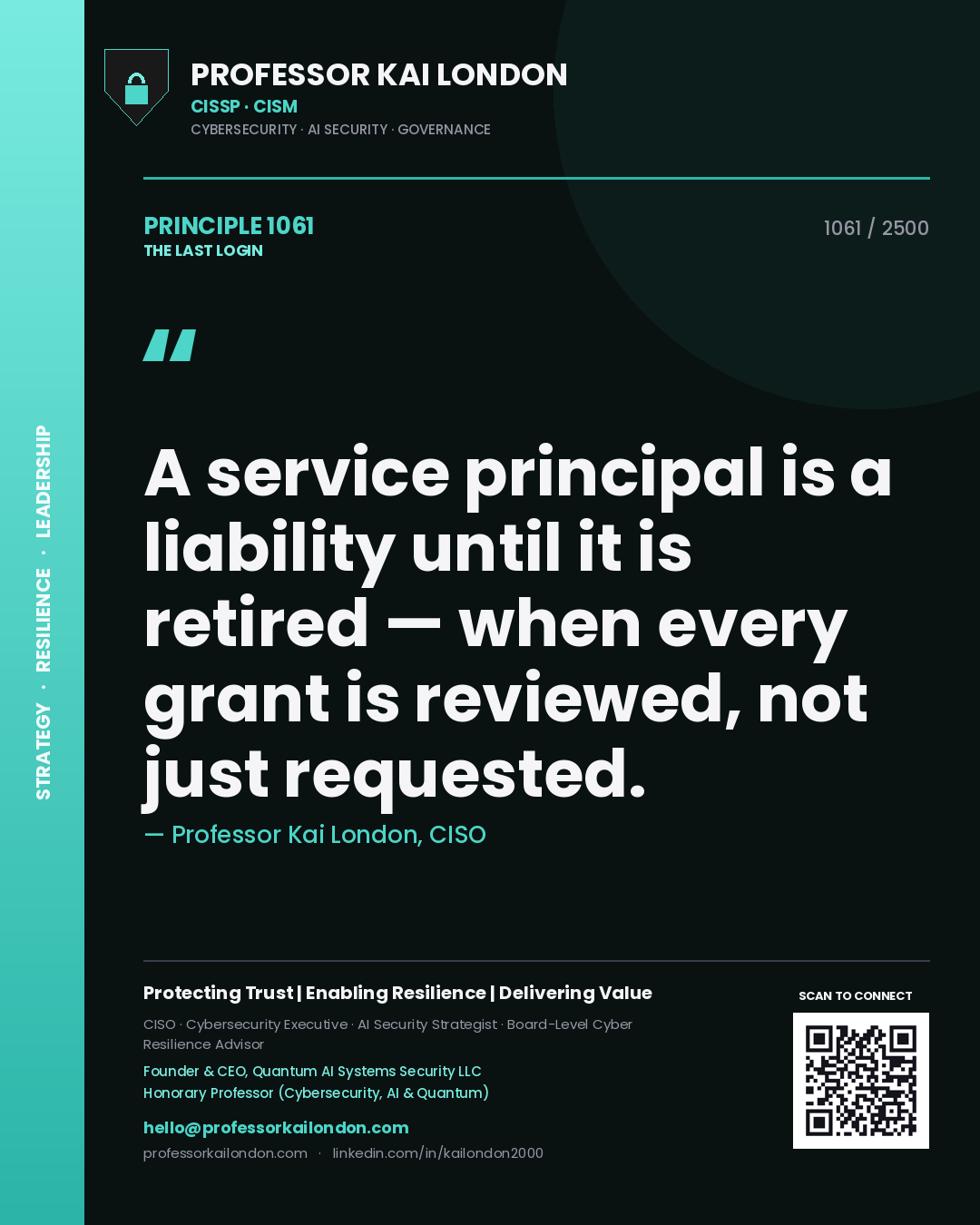 Professor Kai London principle 1061: A service principal is a liability until it is retired — when every grant is reviewed, not just requested.