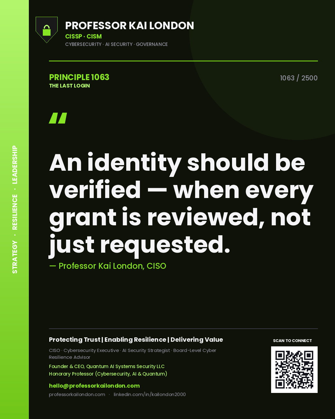 Professor Kai London principle 1063: An identity should be verified — when every grant is reviewed, not just requested.