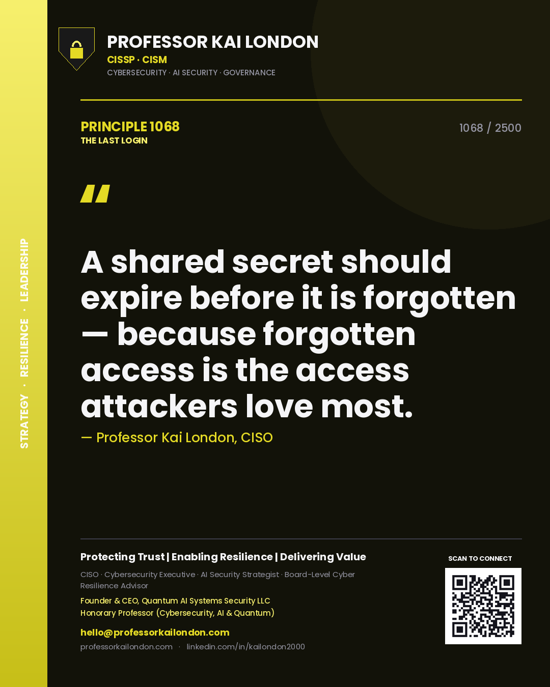 Professor Kai London principle 1068: A shared secret should expire before it is forgotten — because forgotten access is the access attackers love most.
