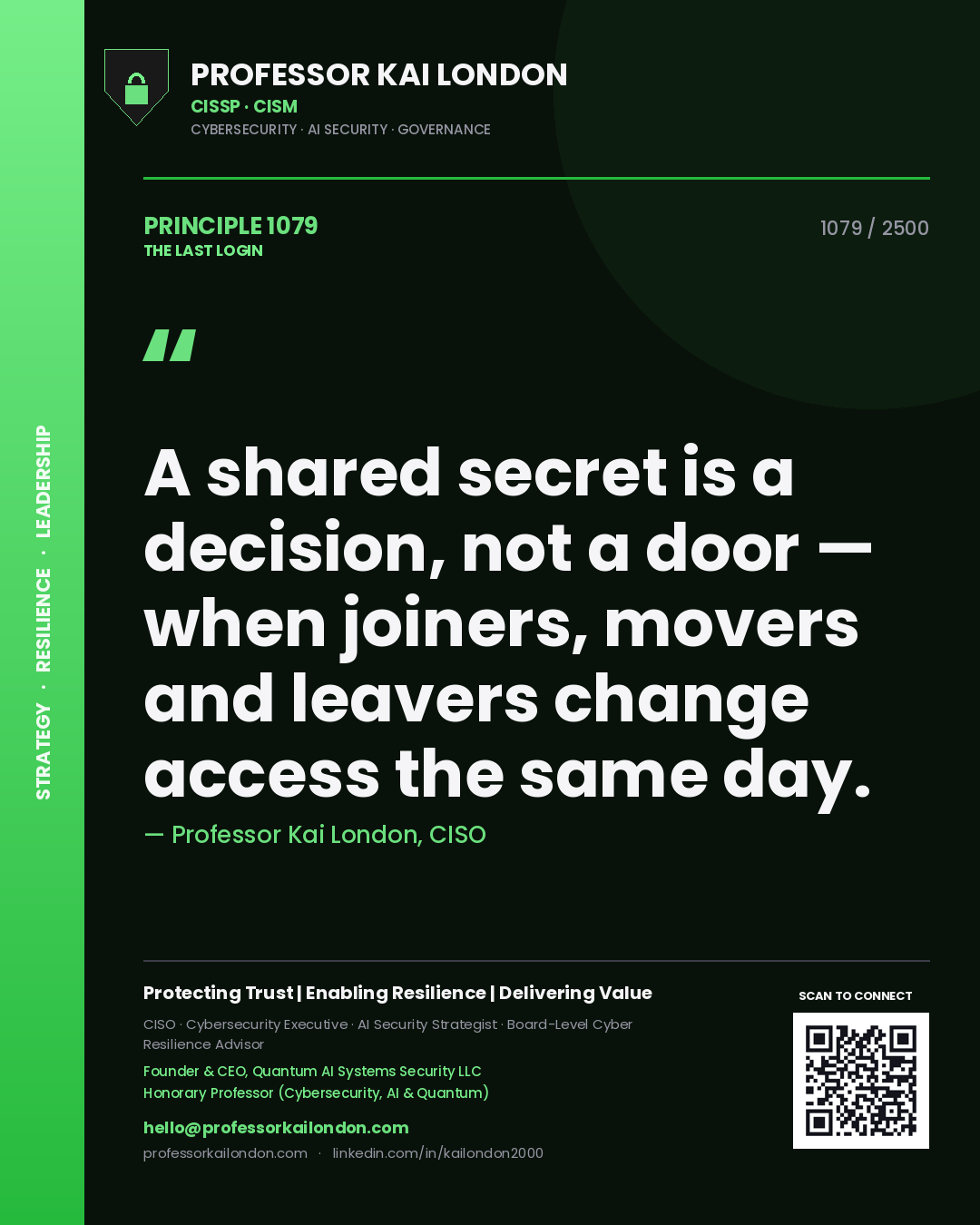Professor Kai London principle 1079: A shared secret is a decision, not a door — when joiners, movers and leavers change access the same day.