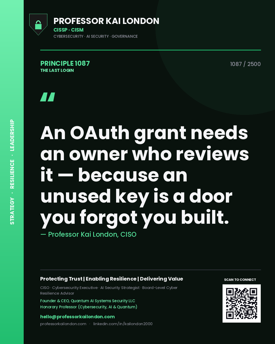 Professor Kai London principle 1087: An OAuth grant needs an owner who reviews it — because an unused key is a door you forgot you built.