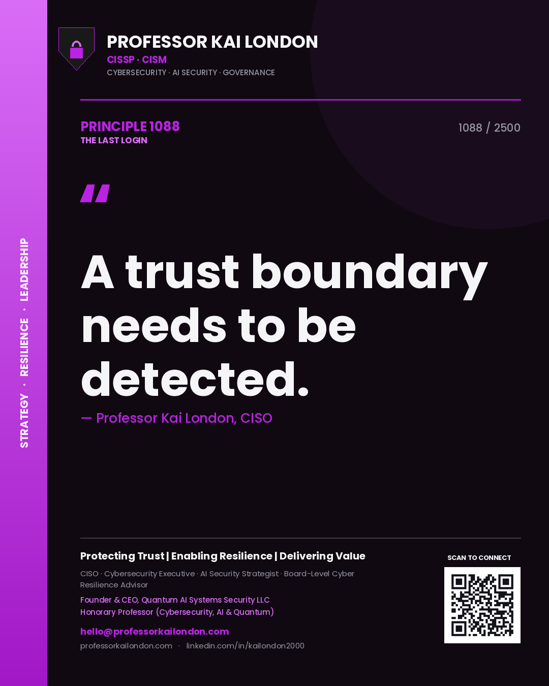 Quote card by Professor Kai London reading 'A trust boundary needs to be detected.'. From the book The Last Login.