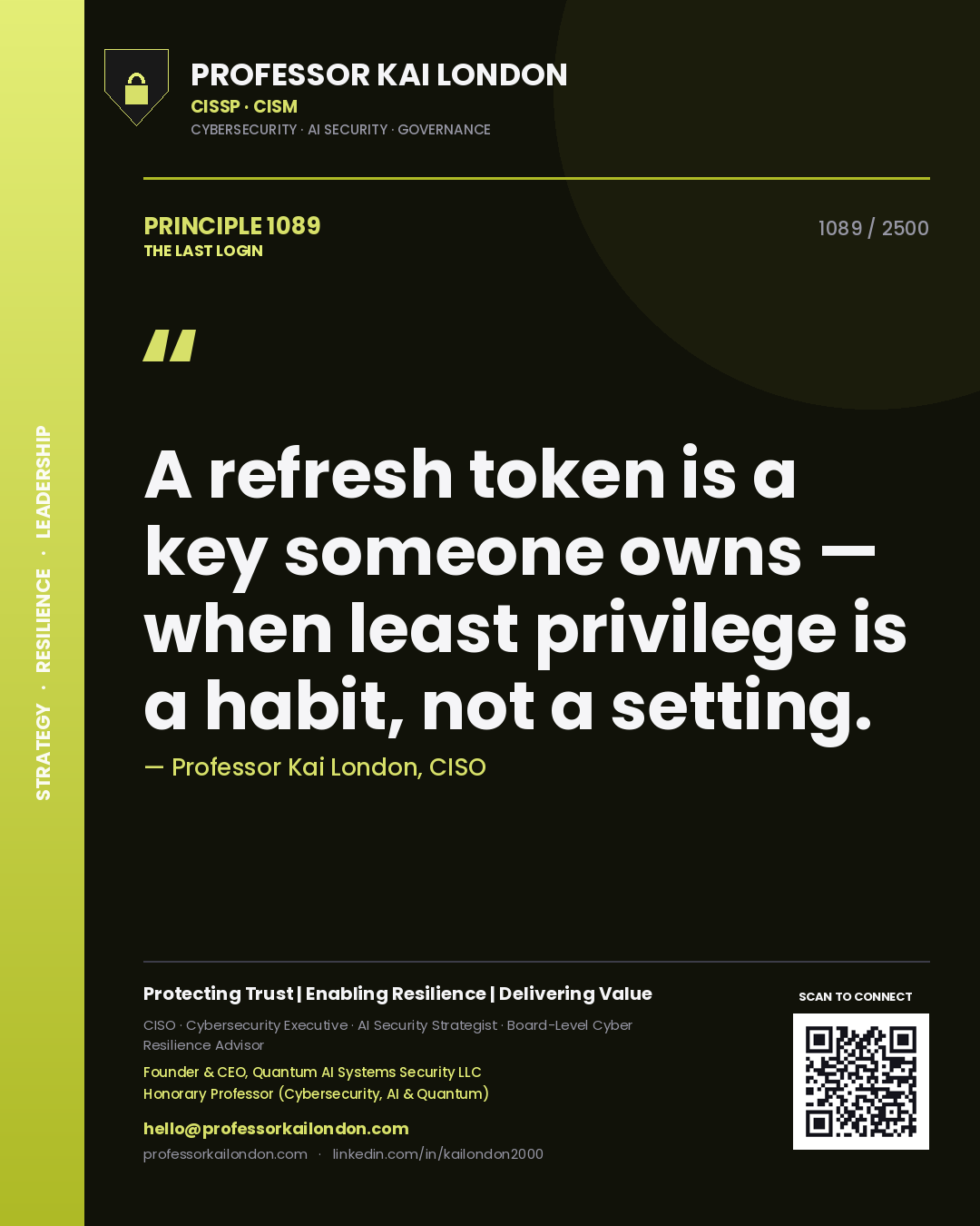 Professor Kai London principle 1089: A refresh token is a key someone owns — when least privilege is a habit, not a setting.