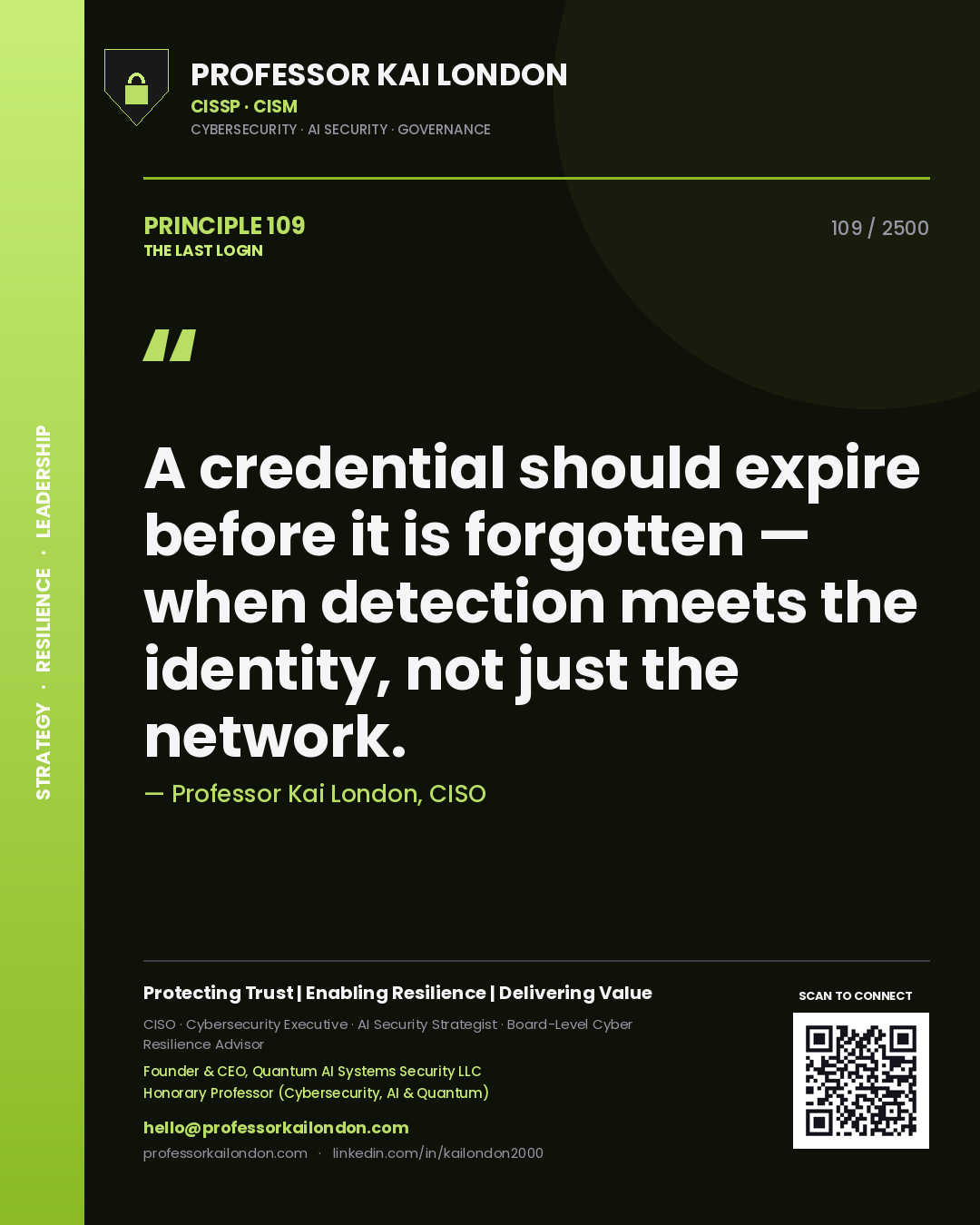 Quote card by Professor Kai London reading 'A credential should expire before it is forgotten — when detection meets the identity, not just the network.'. From the book The Last Login.