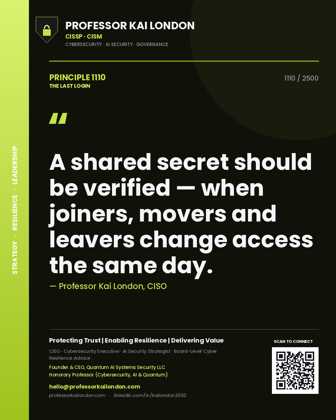 Quote card by Professor Kai London reading 'A shared secret should be verified — when joiners, movers and leavers change access the same day.'. From the book The Last Login.