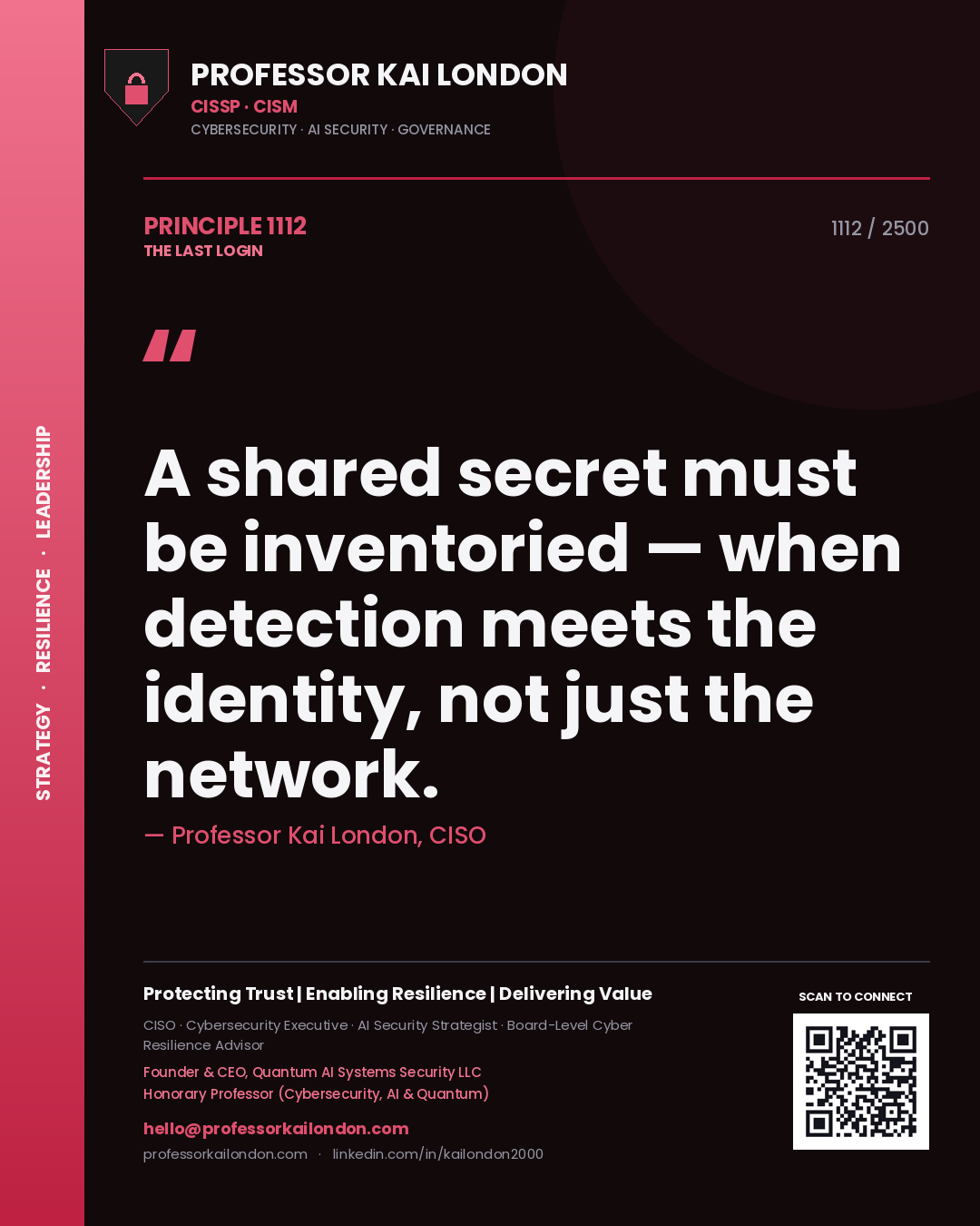 Professor Kai London principle 1112: A shared secret must be inventoried — when detection meets the identity, not just the network.