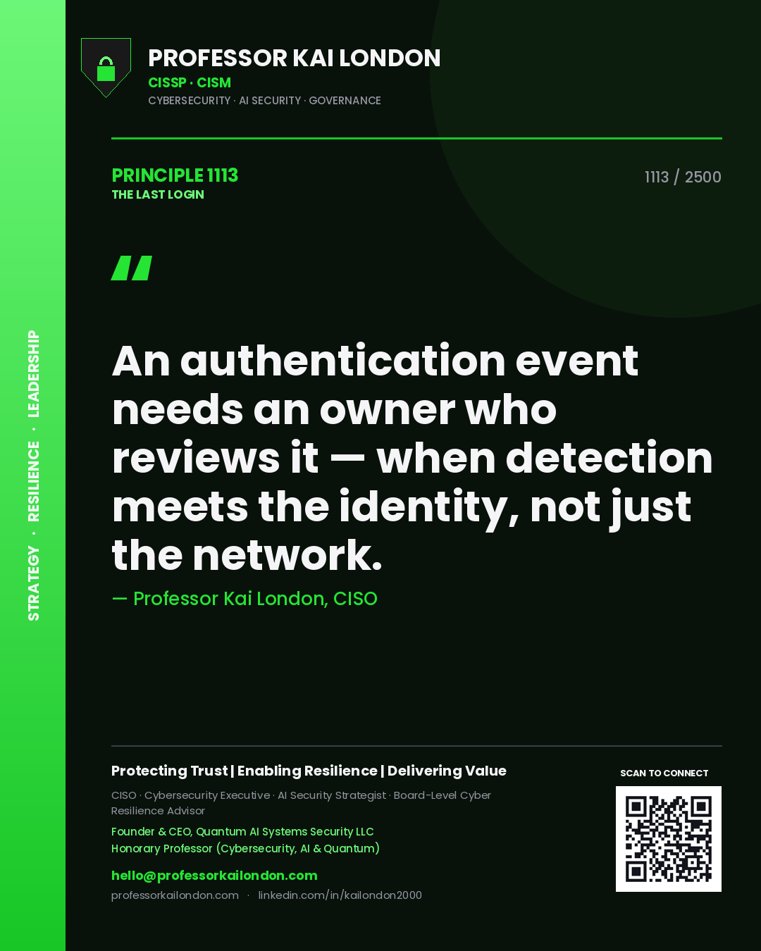 Quote card by Professor Kai London reading 'An authentication event needs an owner who reviews it — when detection meets the identity, not just the network.'. From the book The Last Login.