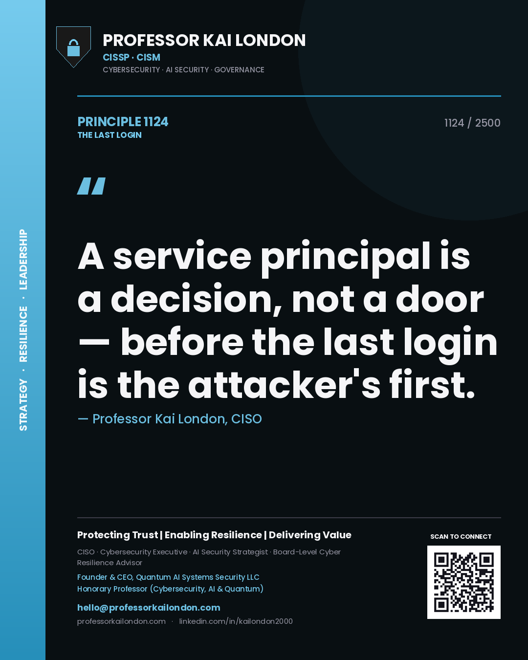 Professor Kai London principle 1124: A service principal is a decision, not a door — before the last login is the attacker's first.