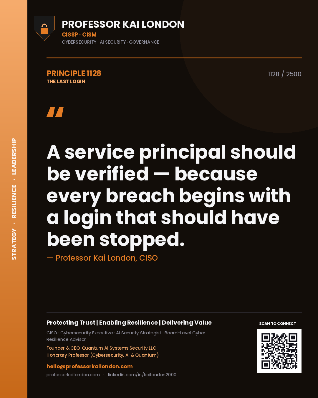 Quote card by Professor Kai London reading 'A service principal should be verified — because every breach begins with a login that should have been stopped.'. From the book The Last Login.