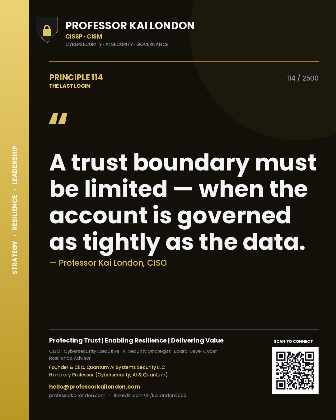 Professor Kai London principle 114: A trust boundary must be limited — when the account is governed as tightly as the data.