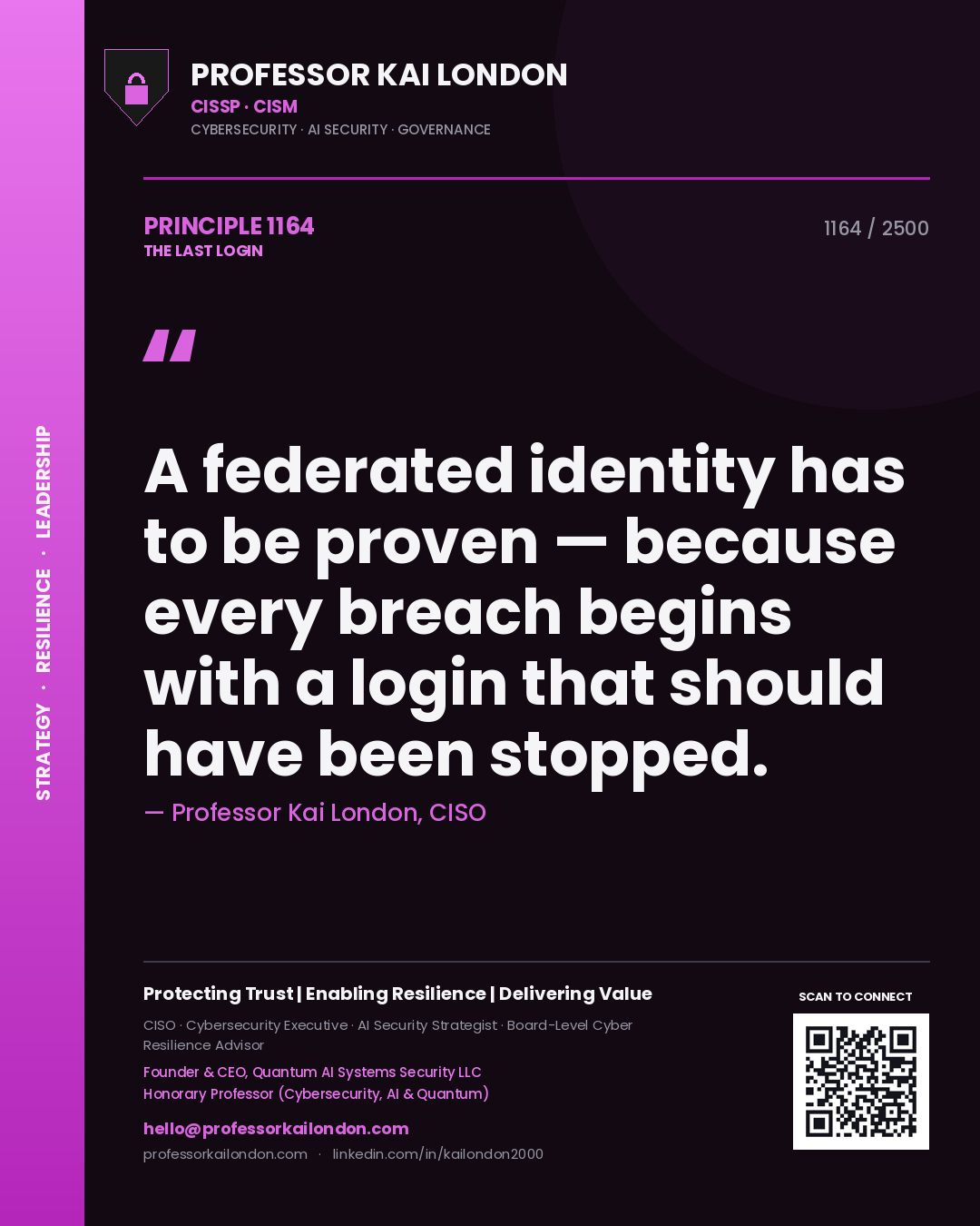 Professor Kai London principle 1164: A federated identity has to be proven — because every breach begins with a login that should have been stopped.