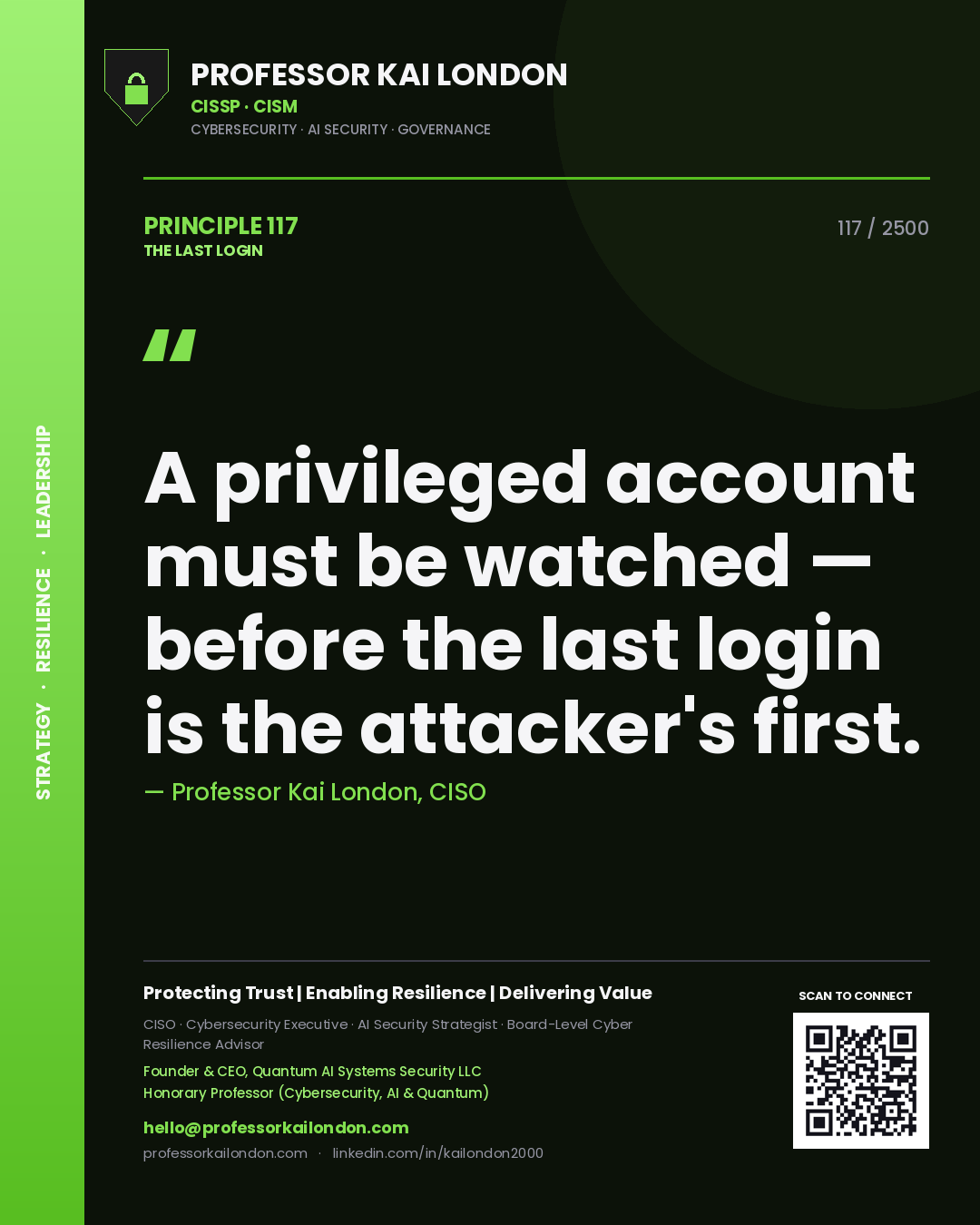 Professor Kai London principle 117: A privileged account must be watched — before the last login is the attacker's first.