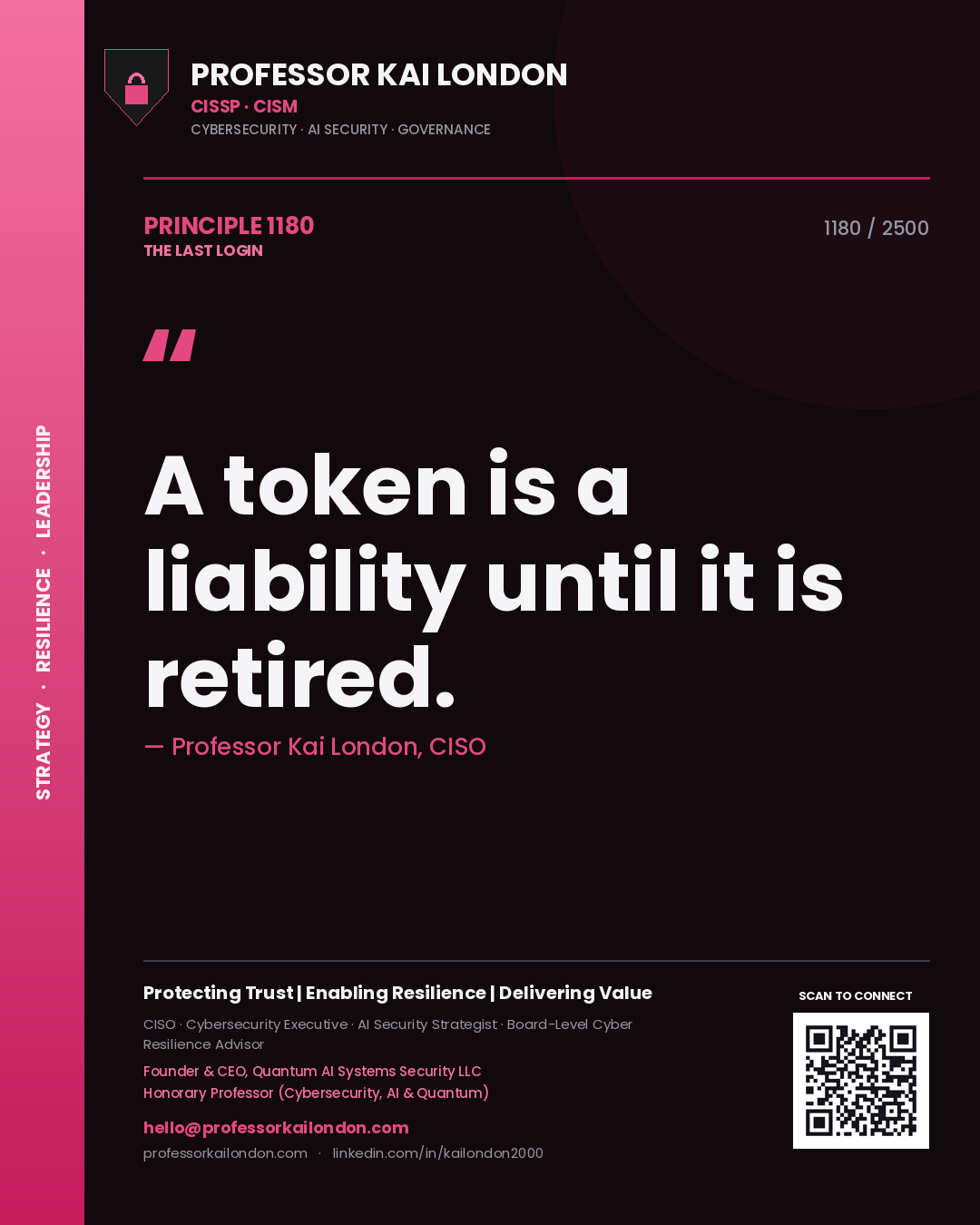 Quote card by Professor Kai London reading 'A token is a liability until it is retired.'. From the book The Last Login.