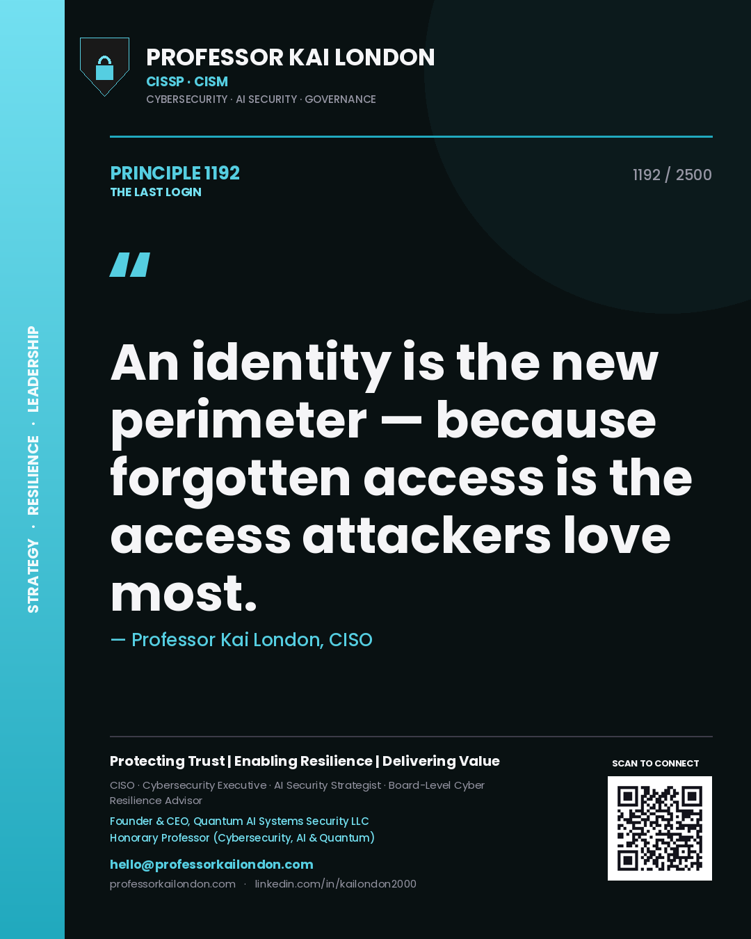 Professor Kai London principle 1192: An identity is the new perimeter — because forgotten access is the access attackers love most.