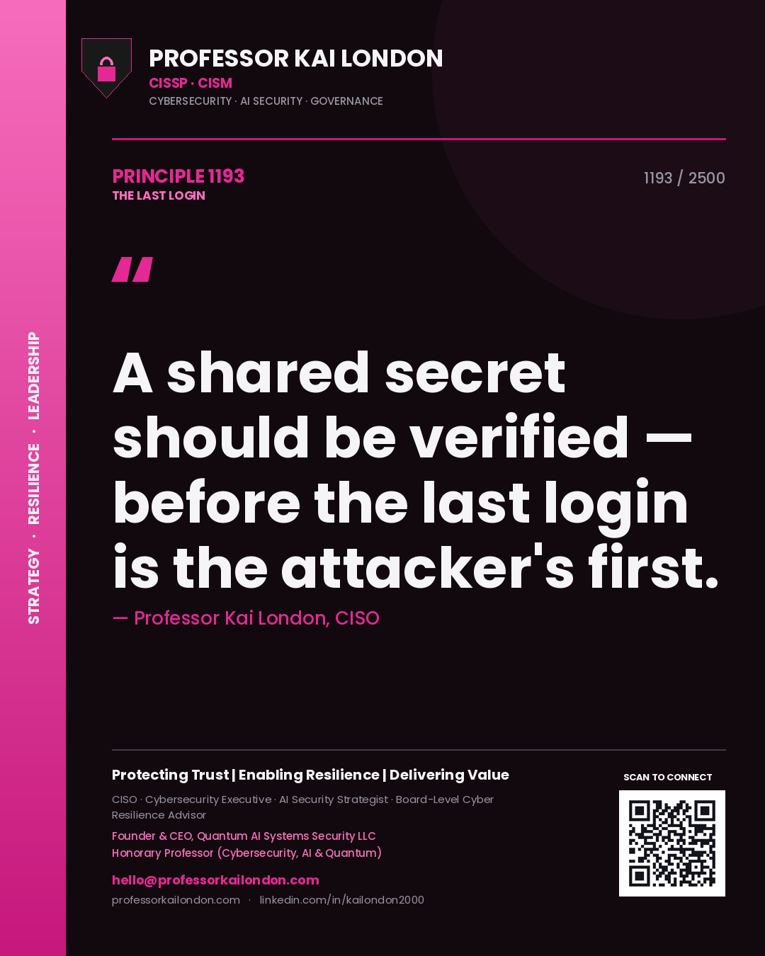 Quote card by Professor Kai London reading 'A shared secret should be verified — before the last login is the attacker's first.'. From the book The Last Login.