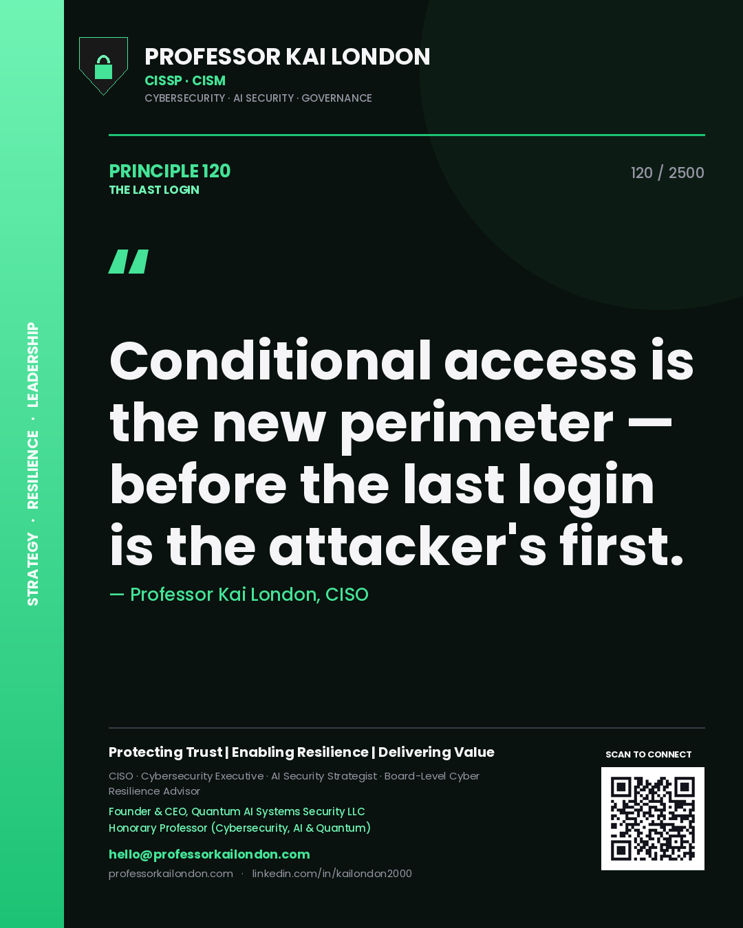 Professor Kai London principle 120: Conditional access is the new perimeter — before the last login is the attacker's first.