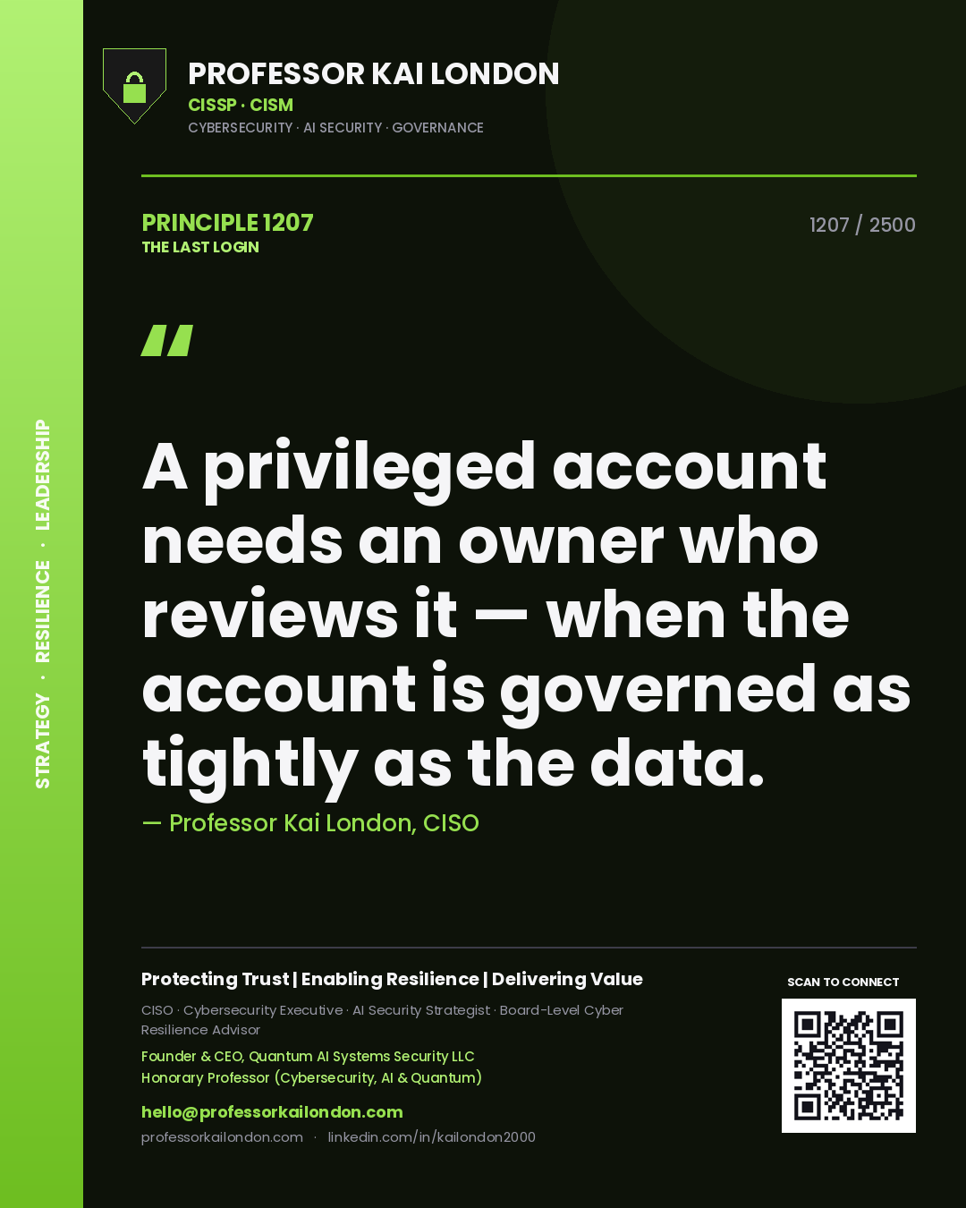 Quote card by Professor Kai London reading 'A privileged account needs an owner who reviews it — when the account is governed as tightly as the data.'. From the book The Last Login.