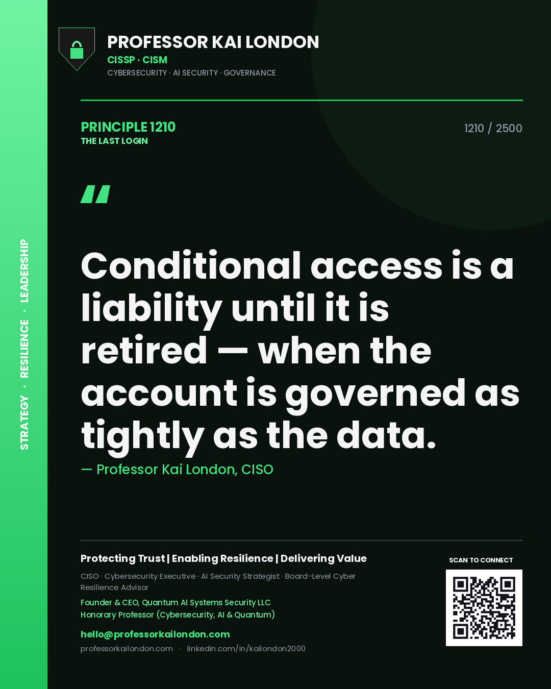 Quote card by Professor Kai London reading 'Conditional access is a liability until it is retired — when the account is governed as tightly as the data.'. From the book The Last Login.