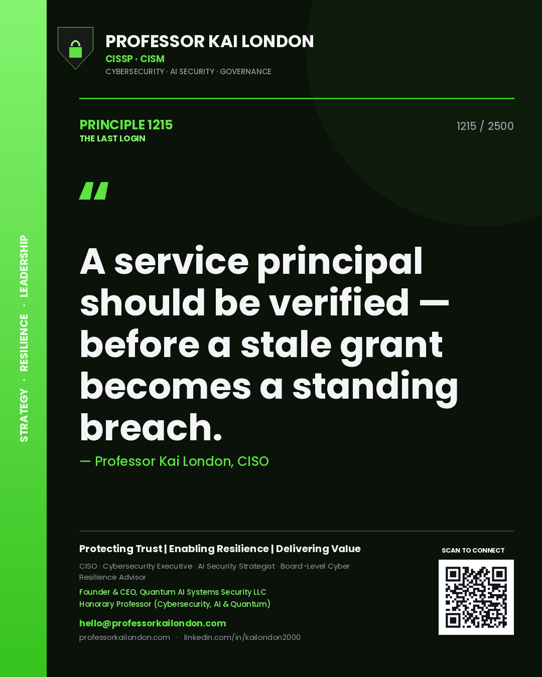 Quote card by Professor Kai London reading 'A service principal should be verified — before a stale grant becomes a standing breach.'. From the book The Last Login.
