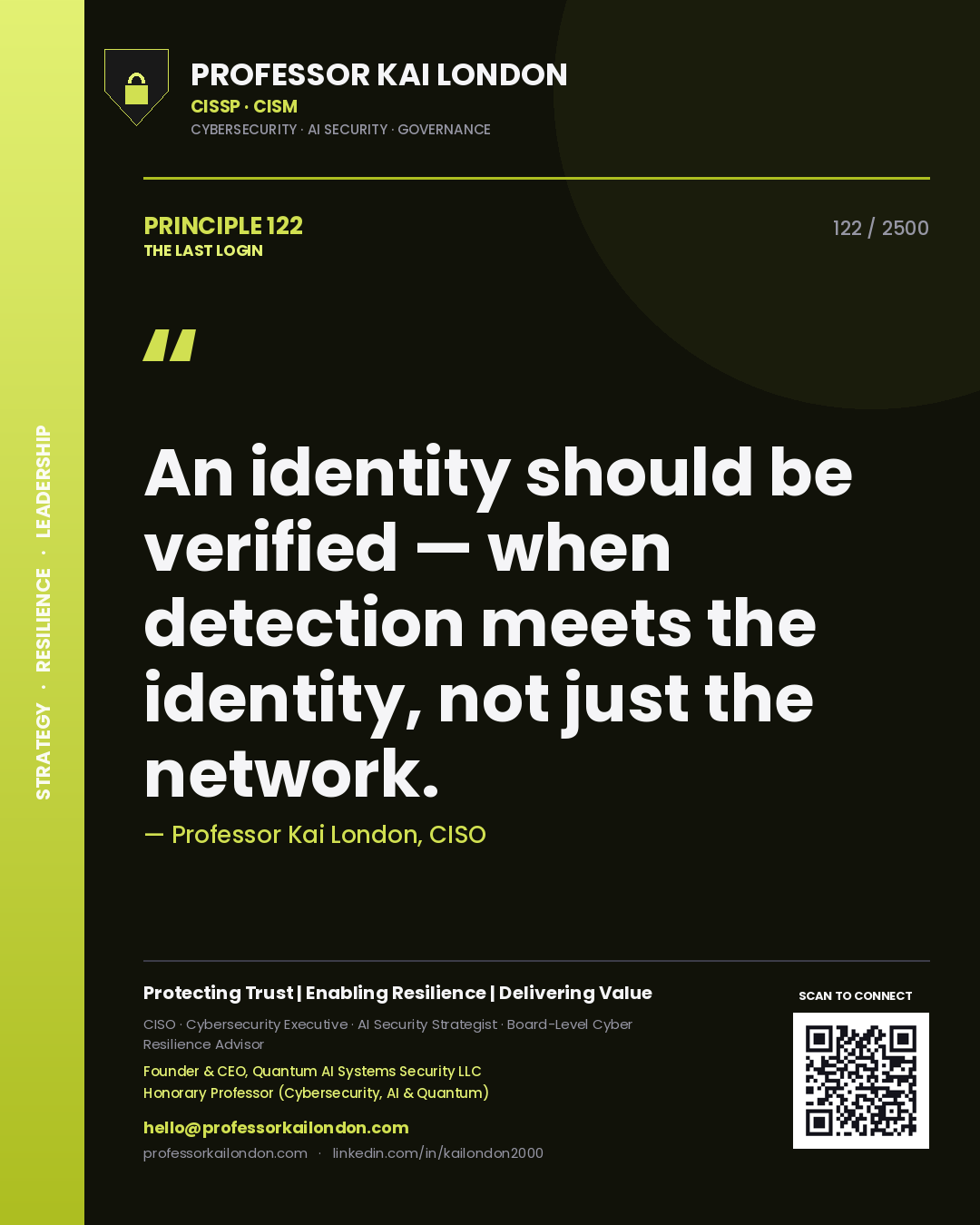 Professor Kai London principle 122: An identity should be verified — when detection meets the identity, not just the network.