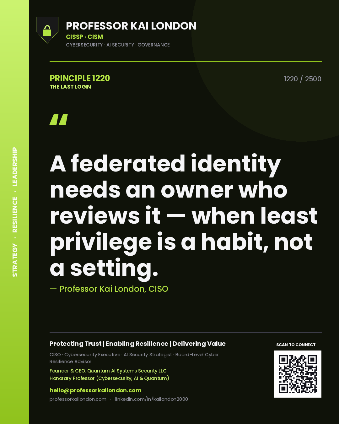 Quote card by Professor Kai London reading 'A federated identity needs an owner who reviews it — when least privilege is a habit, not a setting.'. From the book The Last Login.