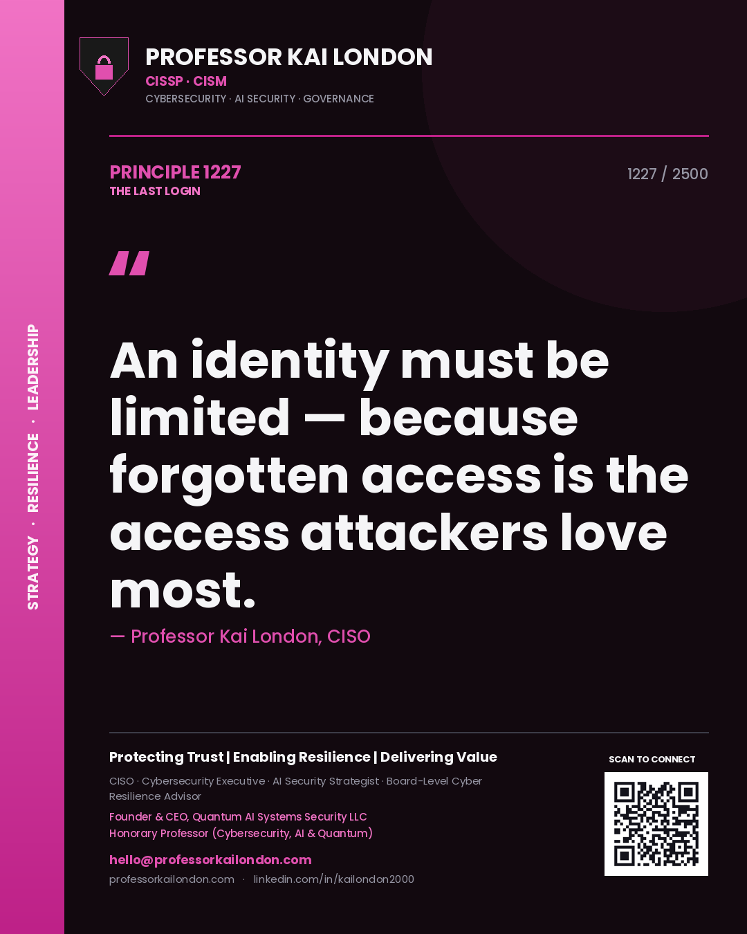 Quote card by Professor Kai London reading 'An identity must be limited — because forgotten access is the access attackers love most.'. From the book The Last Login.