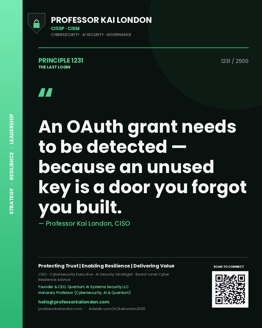 Professor Kai London principle 1231: An OAuth grant needs to be detected — because an unused key is a door you forgot you built.