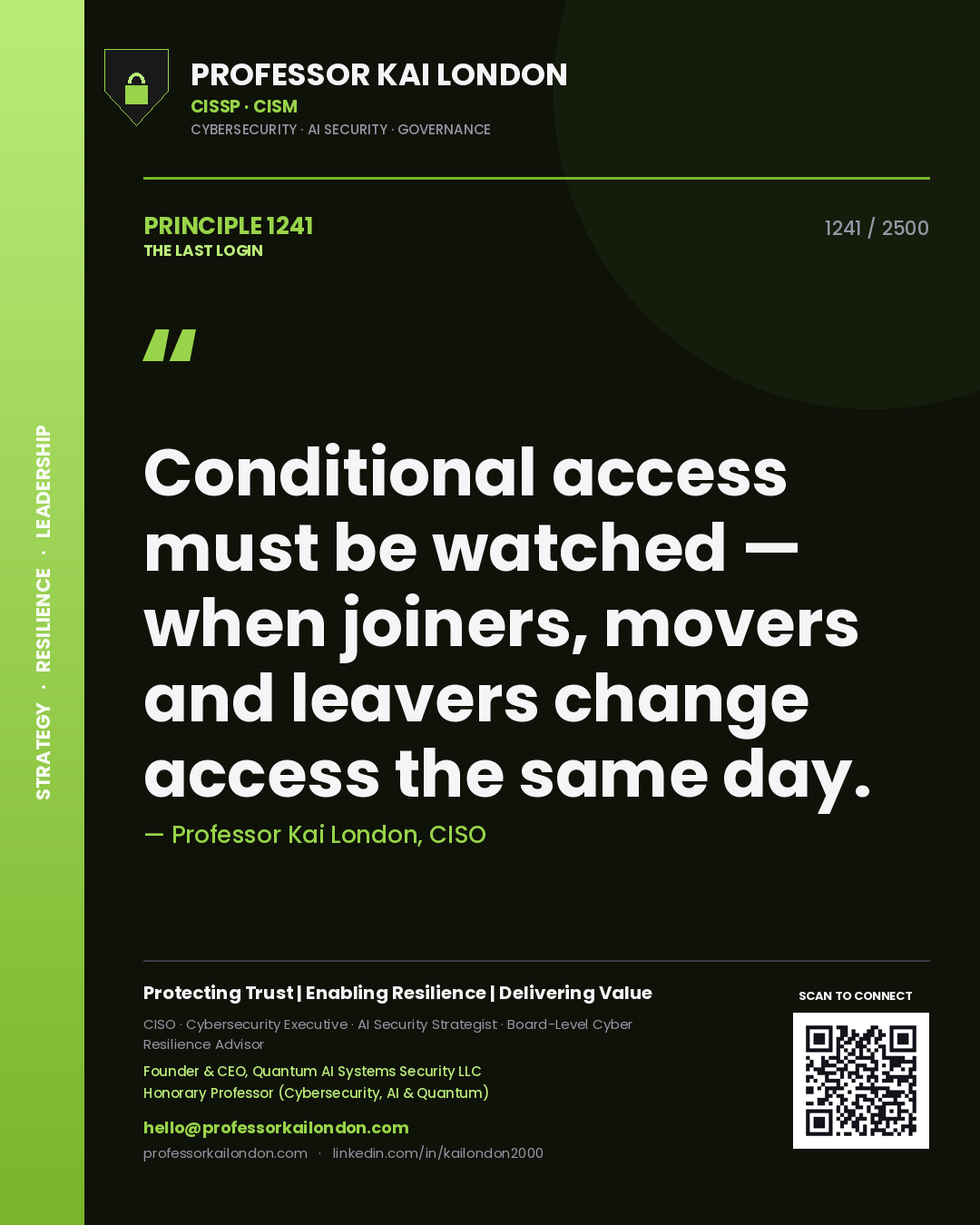 Quote card by Professor Kai London reading 'Conditional access must be watched — when joiners, movers and leavers change access the same day.'. From the book The Last Login.