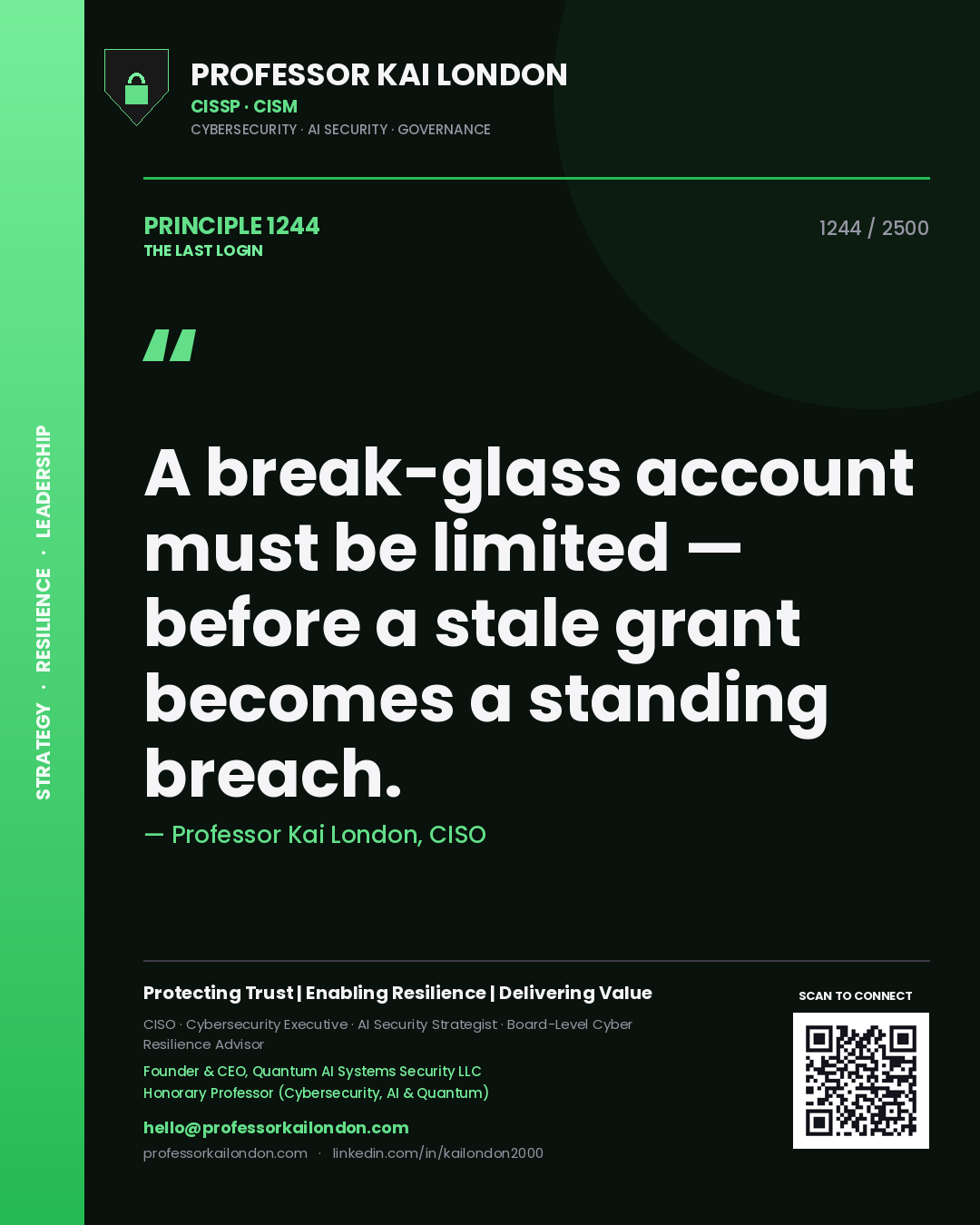 Quote card by Professor Kai London reading 'A break-glass account must be limited — before a stale grant becomes a standing breach.'. From the book The Last Login.