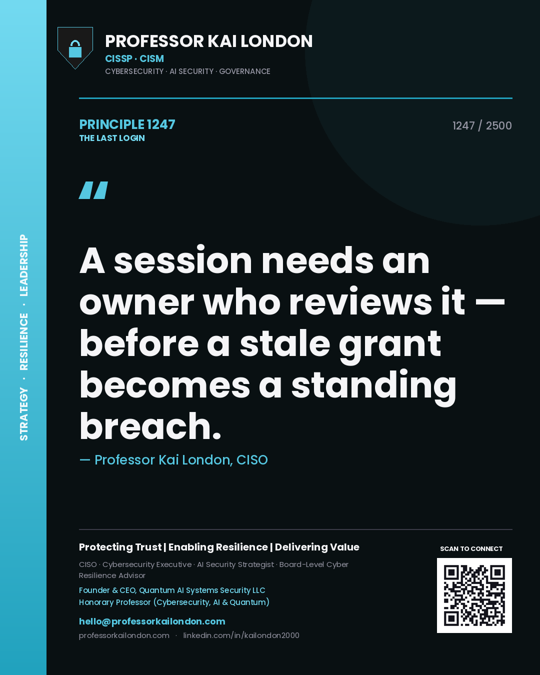 Quote card by Professor Kai London reading 'A session needs an owner who reviews it — before a stale grant becomes a standing breach.'. From the book The Last Login.