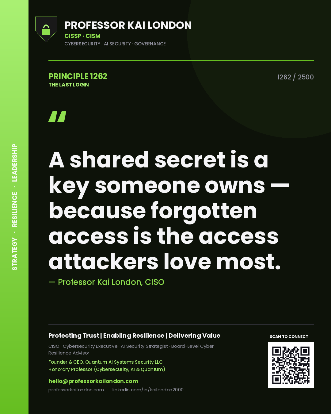 Quote card by Professor Kai London reading 'A shared secret is a key someone owns — because forgotten access is the access attackers love most.'. From the book The Last Login.
