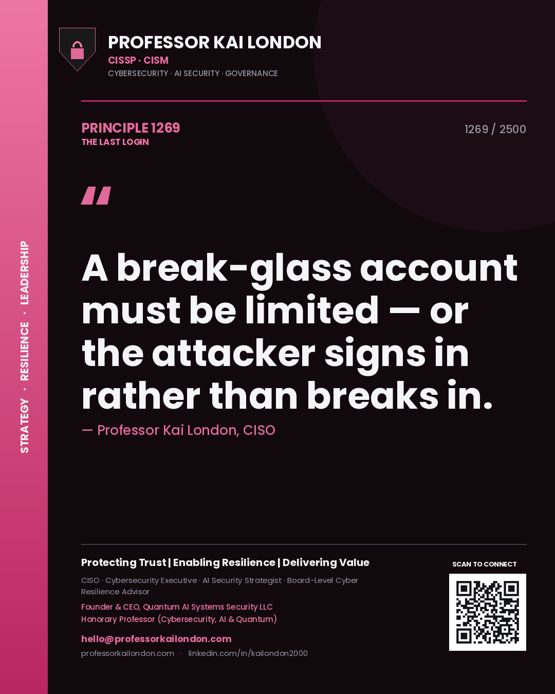 Quote card by Professor Kai London reading 'A break-glass account must be limited — or the attacker signs in rather than breaks in.'. From the book The Last Login.