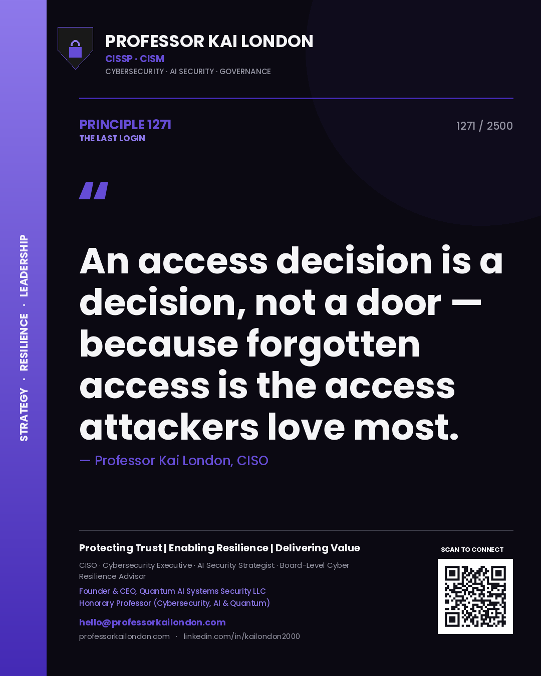 Quote card by Professor Kai London reading 'An access decision is a decision, not a door — because forgotten access is the access attackers love most.'. From the book The Last Login.