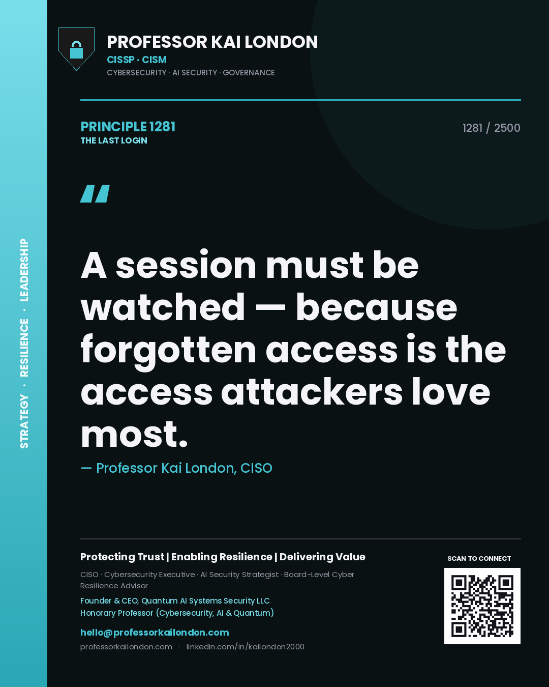 Quote card by Professor Kai London reading 'A session must be watched — because forgotten access is the access attackers love most.'. From the book The Last Login.