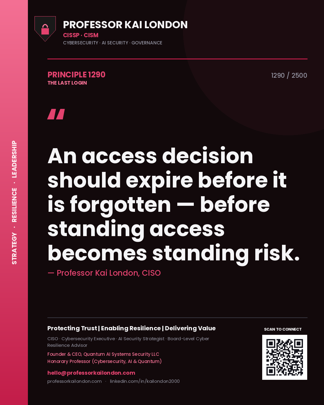 Quote card by Professor Kai London reading 'An access decision should expire before it is forgotten — before standing access becomes standing risk.'. From the book The Last Login.