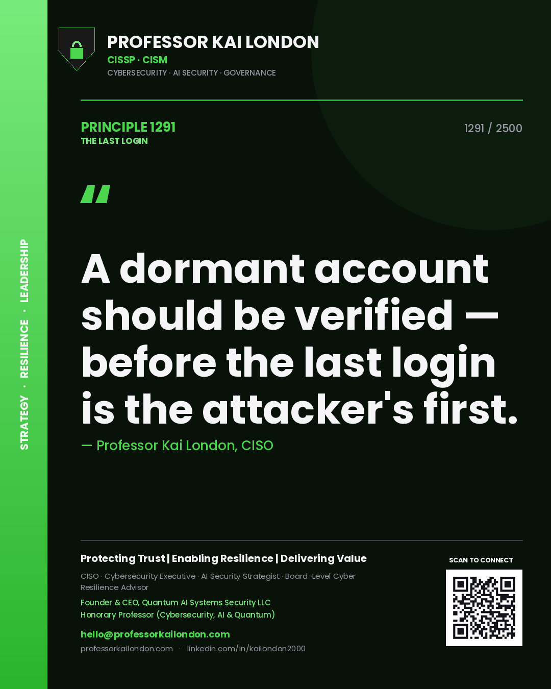 Quote card by Professor Kai London reading 'A dormant account should be verified — before the last login is the attacker's first.'. From the book The Last Login.