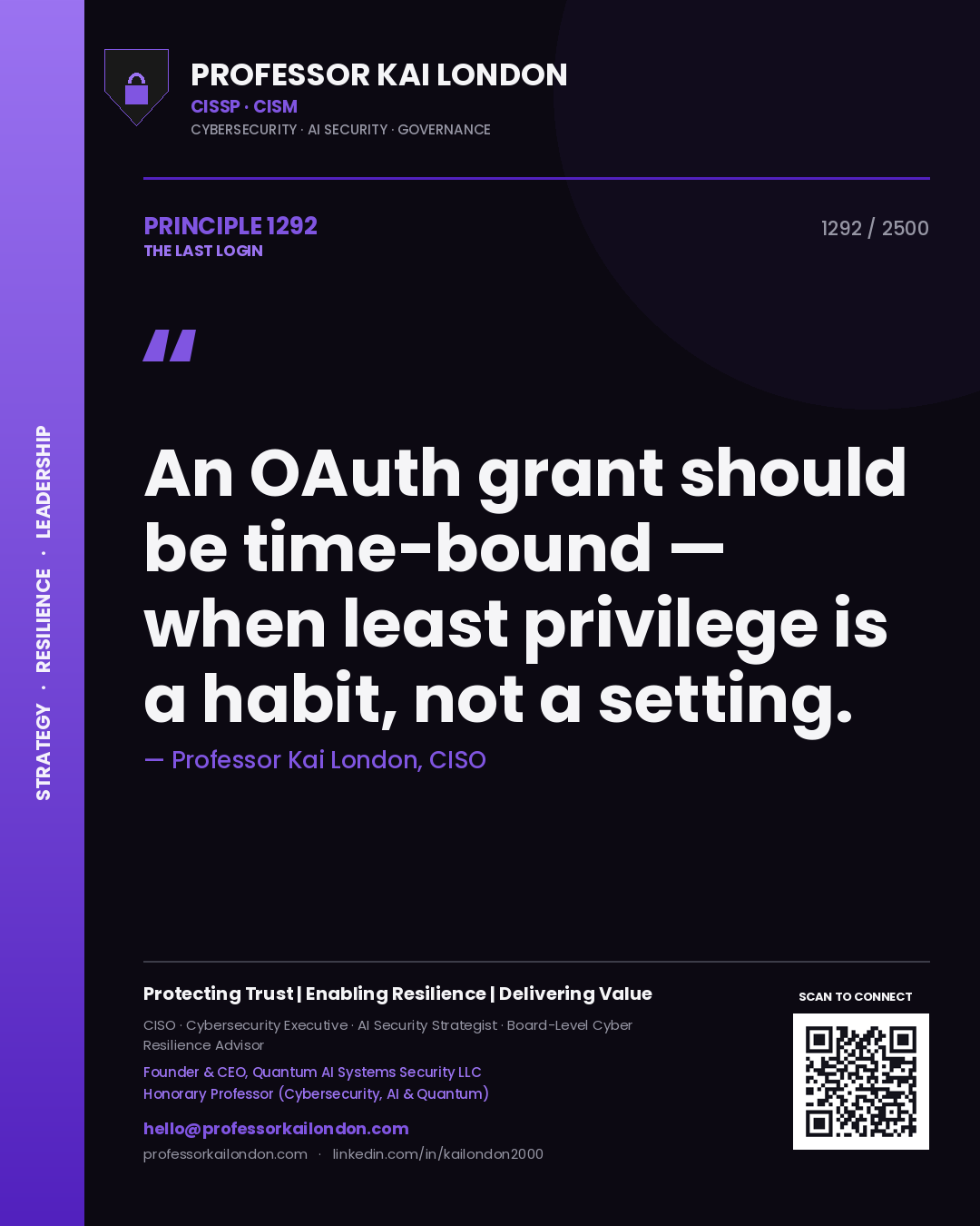 Quote card by Professor Kai London reading 'An OAuth grant should be time-bound — when least privilege is a habit, not a setting.'. From the book The Last Login.
