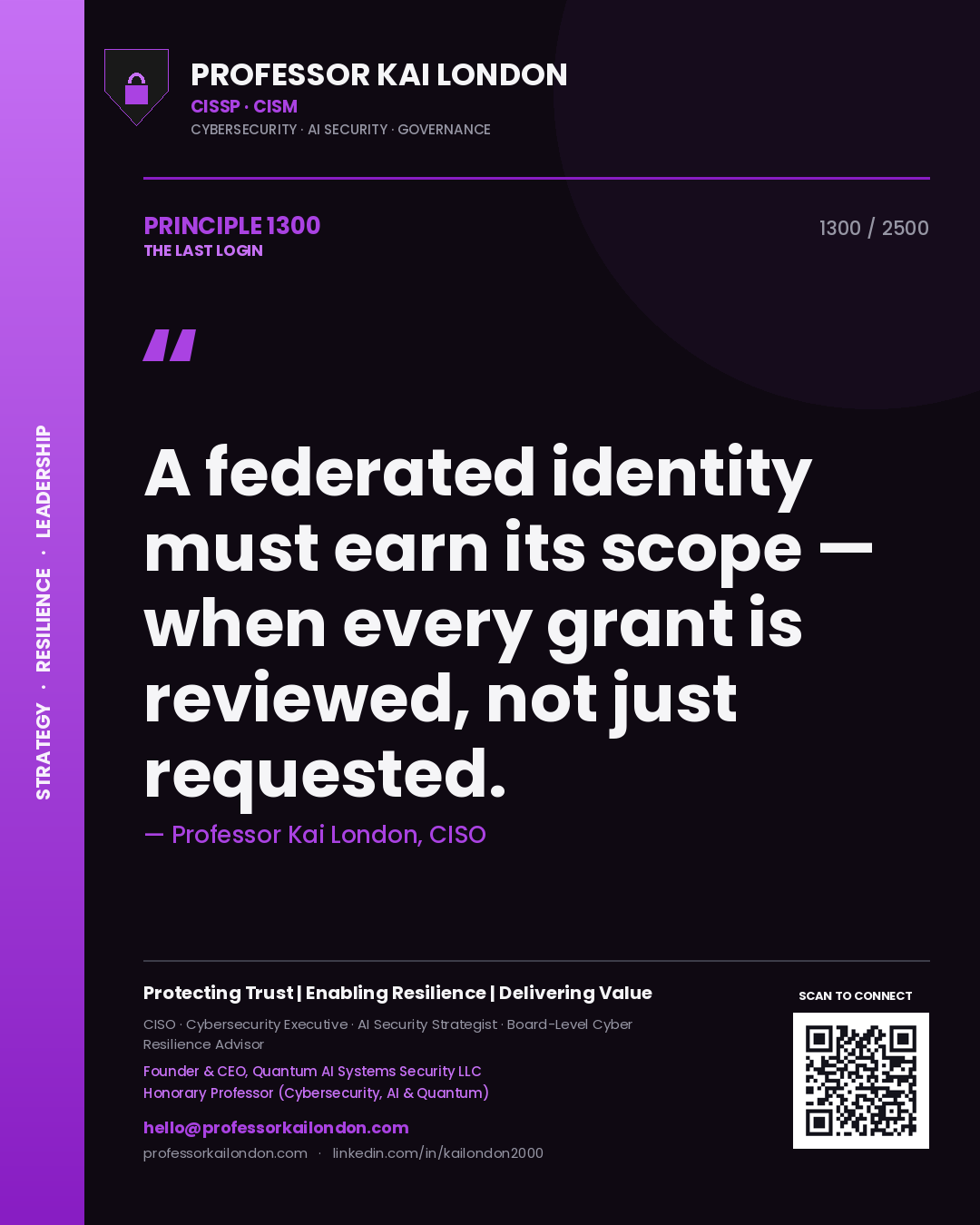 Quote card by Professor Kai London reading 'A federated identity must earn its scope — when every grant is reviewed, not just requested.'. From the book The Last Login.