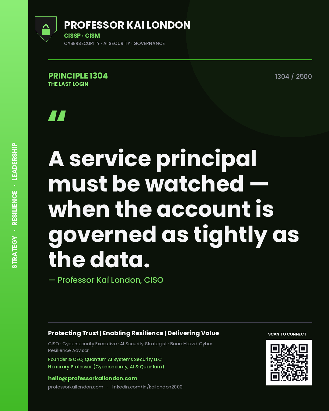 Quote card by Professor Kai London reading 'A service principal must be watched — when the account is governed as tightly as the data.'. From the book The Last Login.