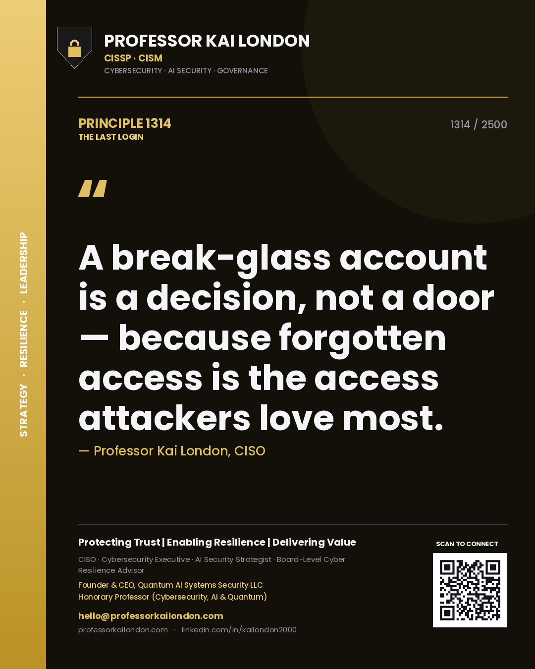 Quote card by Professor Kai London reading 'A break-glass account is a decision, not a door — because forgotten access is the access attackers love most.'. From the book The Last Login.