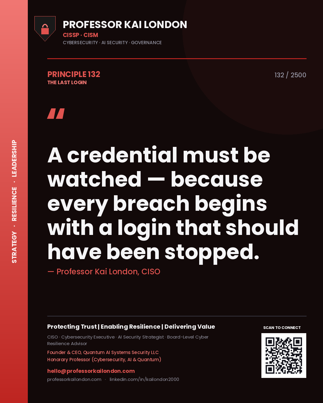Professor Kai London principle 132: A credential must be watched — because every breach begins with a login that should have been stopped.
