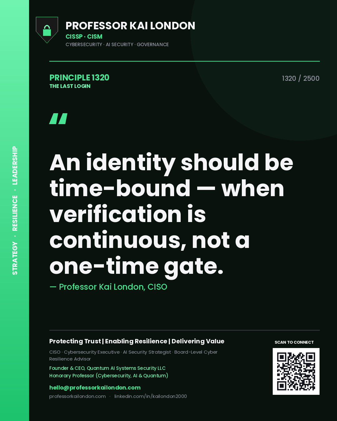 Quote card by Professor Kai London reading 'An identity should be time-bound — when verification is continuous, not a one-time gate.'. From the book The Last Login.