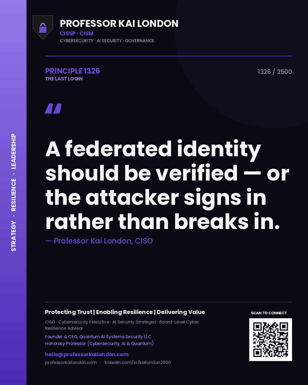 Quote card by Professor Kai London reading 'A federated identity should be verified — or the attacker signs in rather than breaks in.'. From the book The Last Login.