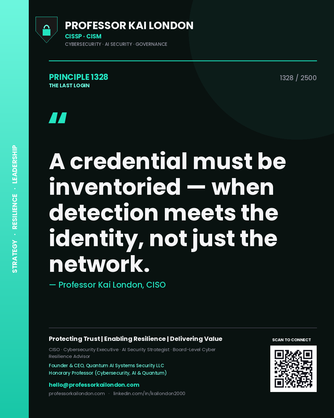 Professor Kai London principle 1328: A credential must be inventoried — when detection meets the identity, not just the network.