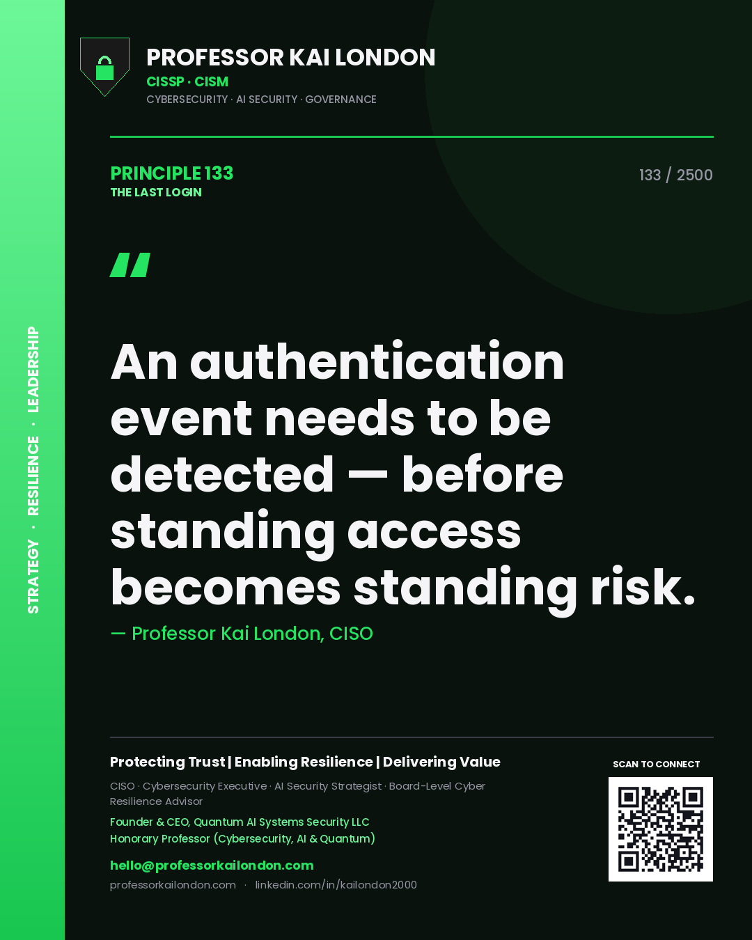 Professor Kai London principle 133: An authentication event needs to be detected — before standing access becomes standing risk.