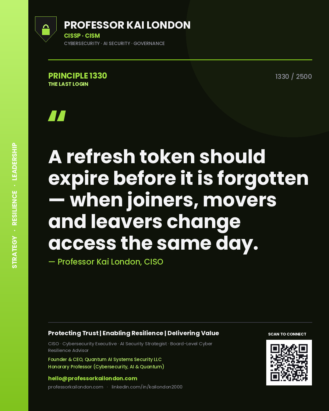 Quote card by Professor Kai London reading 'A refresh token should expire before it is forgotten — when joiners, movers and leavers change access the same day.'. From the book The Last Login.