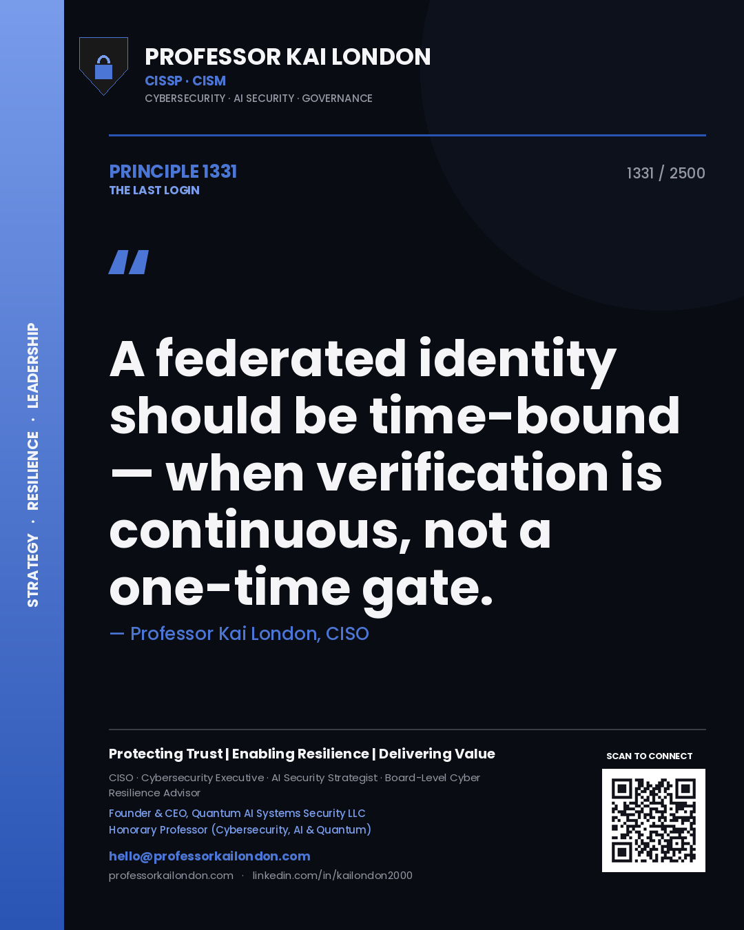 Quote card by Professor Kai London reading 'A federated identity should be time-bound — when verification is continuous, not a one-time gate.'. From the book The Last Login.