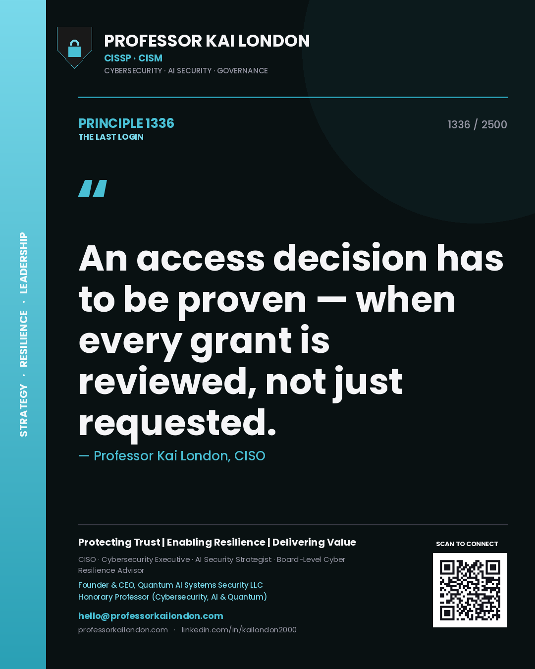 Quote card by Professor Kai London reading 'An access decision has to be proven — when every grant is reviewed, not just requested.'. From the book The Last Login.