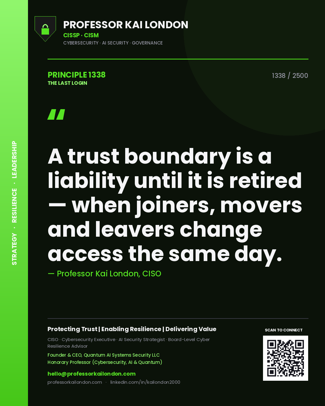 Quote card by Professor Kai London reading 'A trust boundary is a liability until it is retired — when joiners, movers and leavers change access the same day.'. From the book The Last Login.