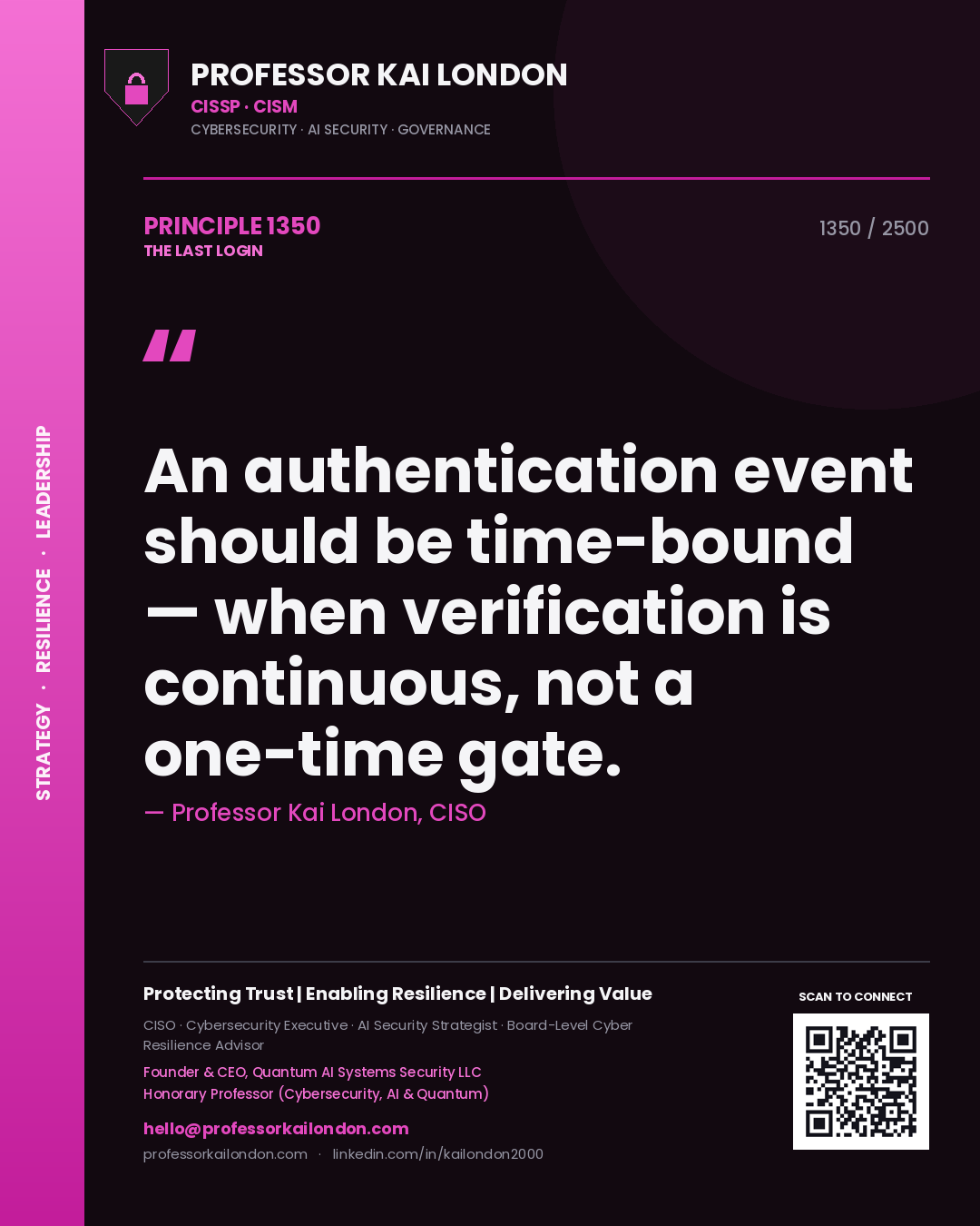 Quote card by Professor Kai London reading 'An authentication event should be time-bound — when verification is continuous, not a one-time gate.'. From the book The Last Login.